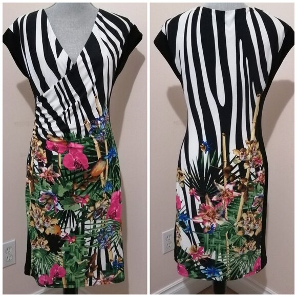 🇨🇦 Joseph Ribkoff Summer 2025 Animal & Tropical Print Faux Wrap Dress - Picture 1 of 9